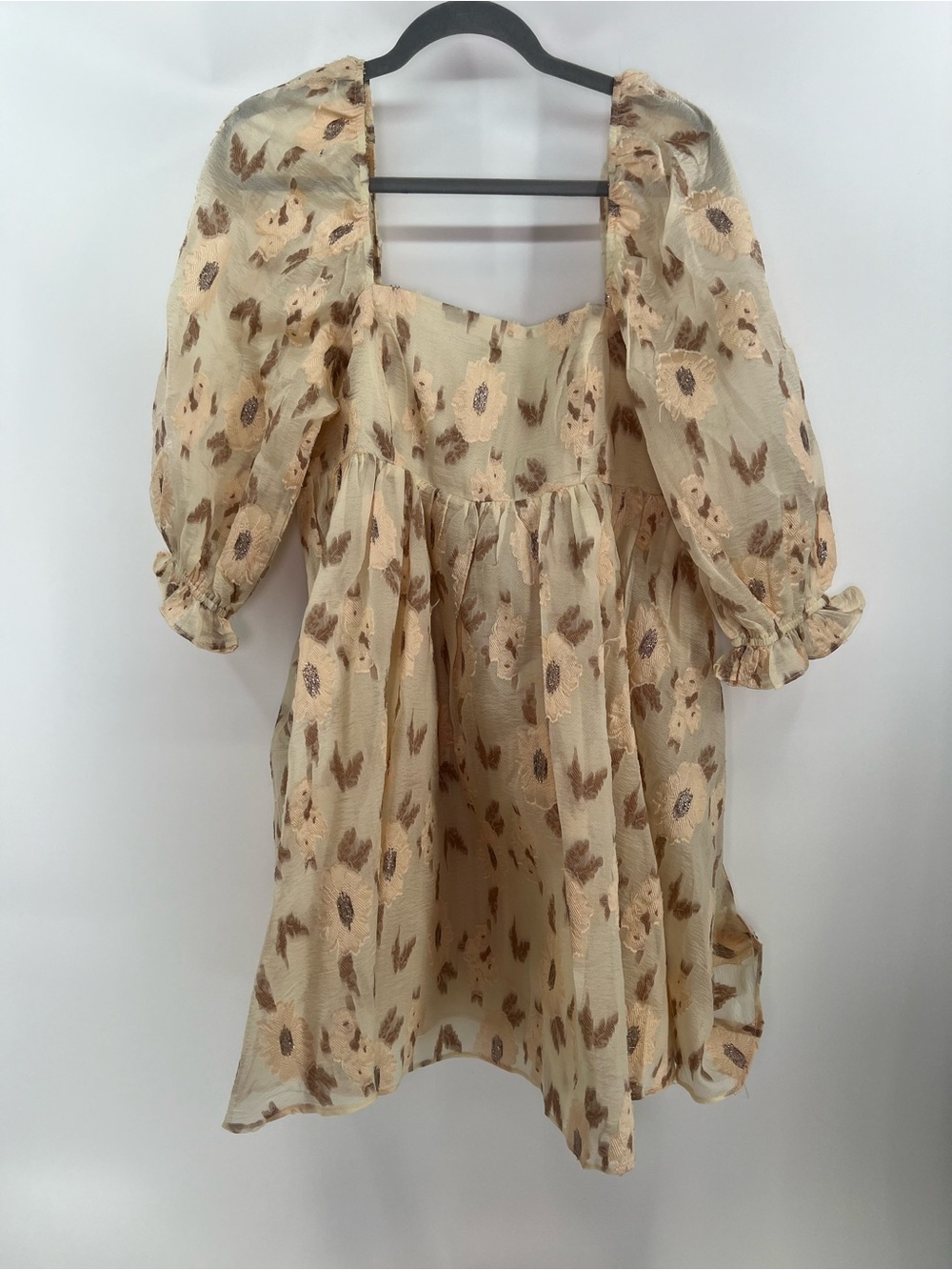 Storia Golden Floral Square Neck Puff Sleeve Mini Babydoll Dress L Large - Picture 6 of 10